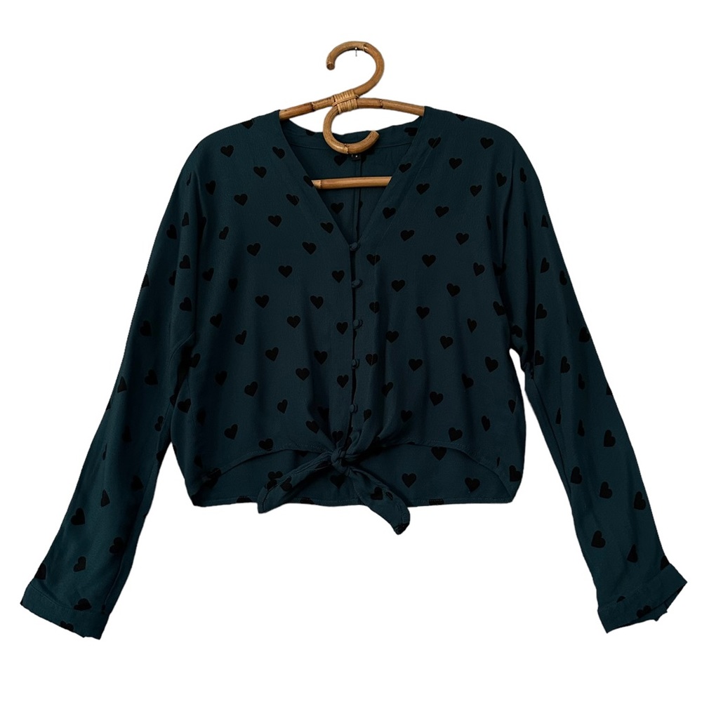 Rails | Sloane‎ Teal Black Hearts Tie Front Blouse Size S